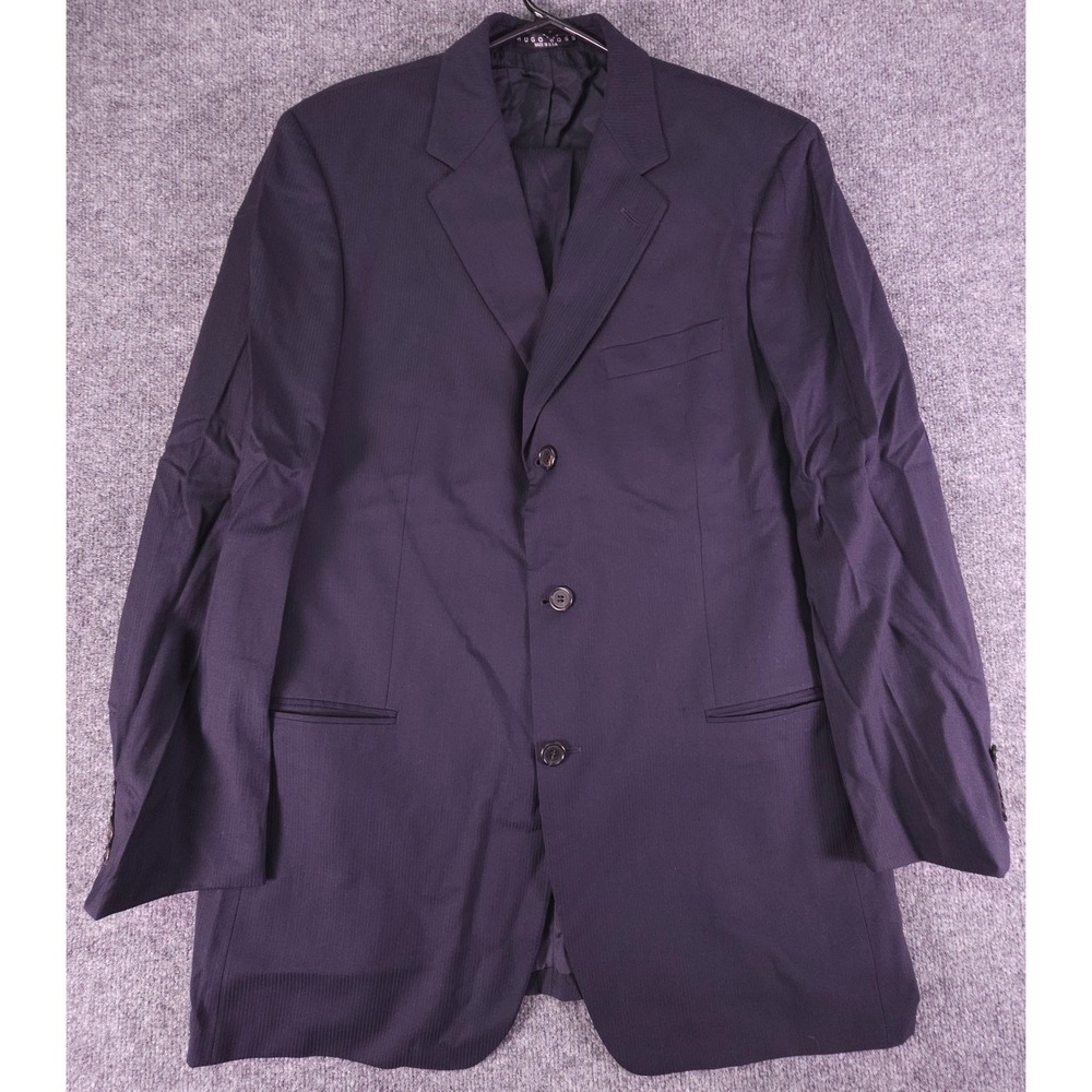 Hugo Boss Suit Mens 42L Navy Blue 3 Button 100% Wool Canvas Pants 38x33 Pleated